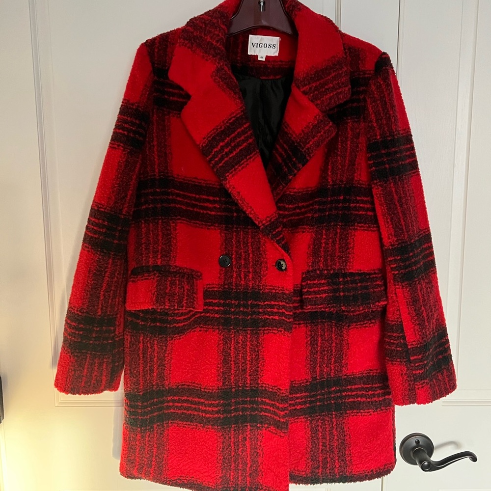 Oversized Double Breasted Jacket / Coat, Red and black plaid, size M